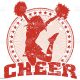 Illustration of a cheer design in a vintage style with a jumping cheerleader silhouette, circle of stars and sunburst pattern.